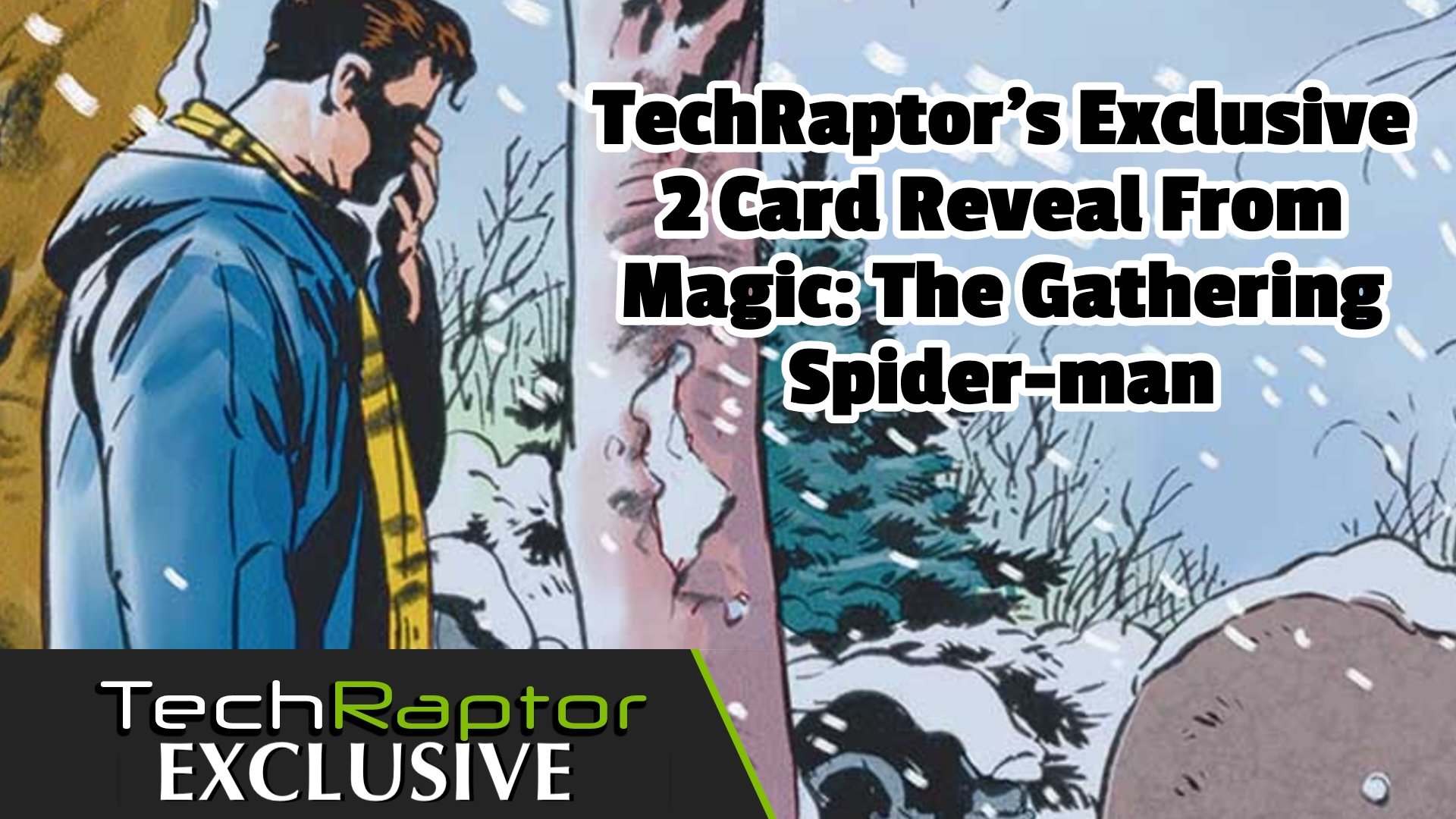 An image of Peter Parker standing at his uncle's grave with text saying this is our 2 card reveal for the MTG spider-man set